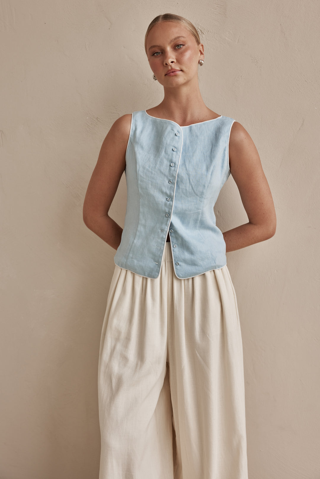 Sky Blue Sleeveless Linen Vest for Women-4