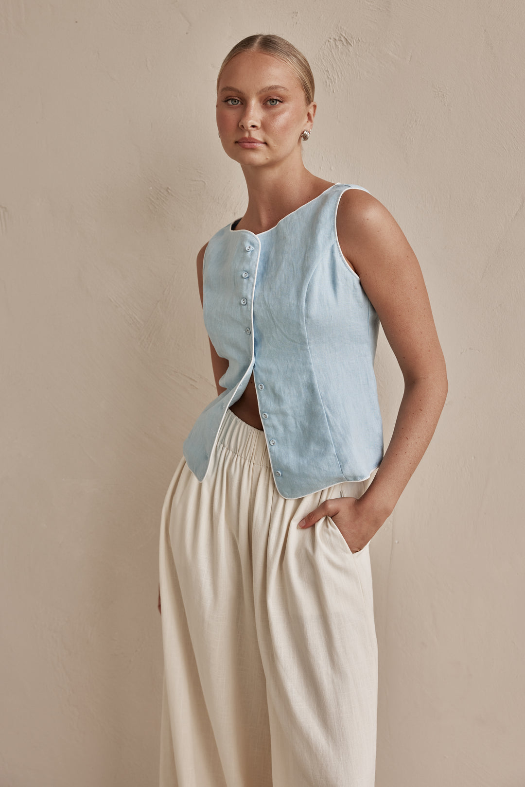 Sky Blue Sleeveless Linen Vest for Women-1
