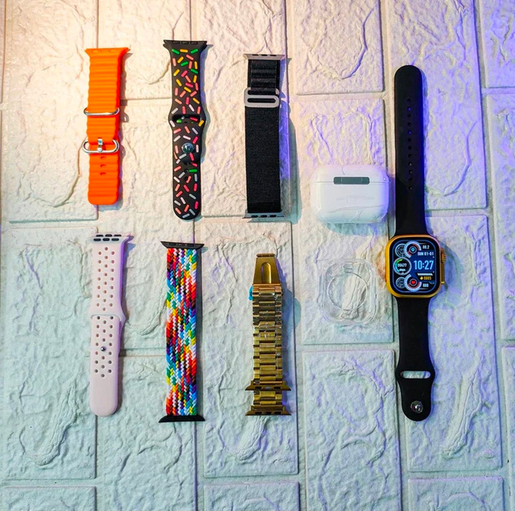 10-in-1 Ultra 2 Bluetooth Calling Smartwatch Combo Set with 7 Stylish Straps & Wireless Earbuds – Unisex