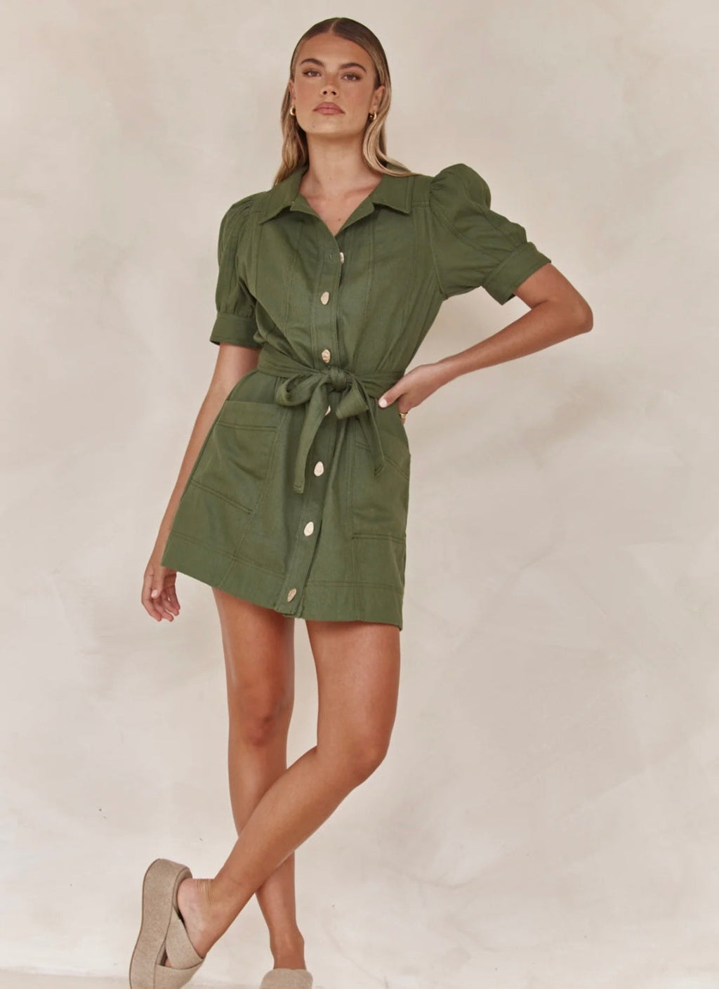 Linen Dress for Women - Olive Green Tie-Up Shirt Style Dress in Linen Blend-4