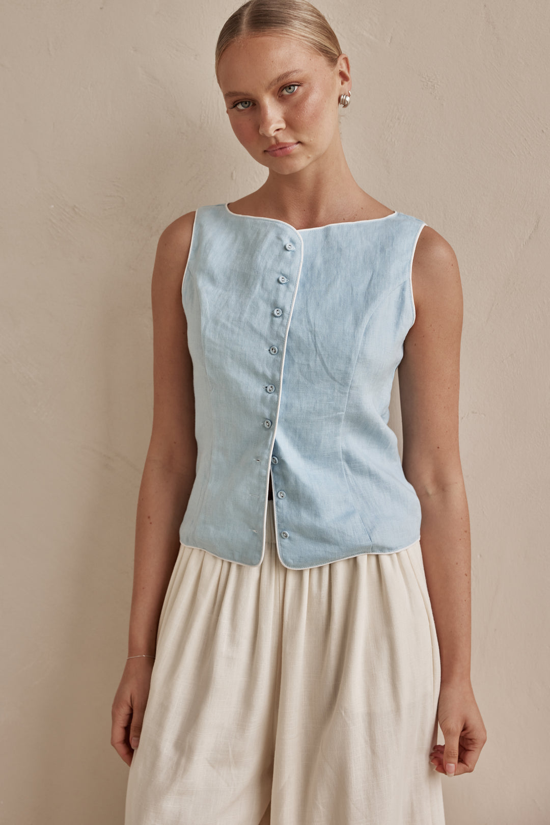 Sky Blue Sleeveless Linen Vest for Women-2